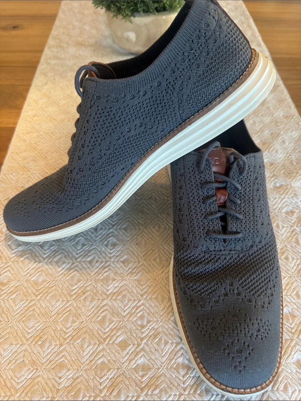 Cole Haan Gray Knit Lace-Up Oxfords with Brown Leather Accents